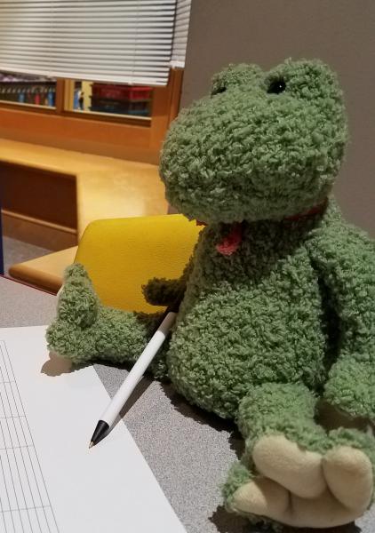 Moss green colored stuffed frog is sitting on a table with a Bic pen to check in other stuffed animals for a sleepover at the Library.