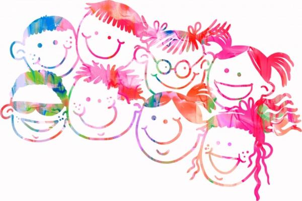 a group of smiling children's faces in a cartoon style