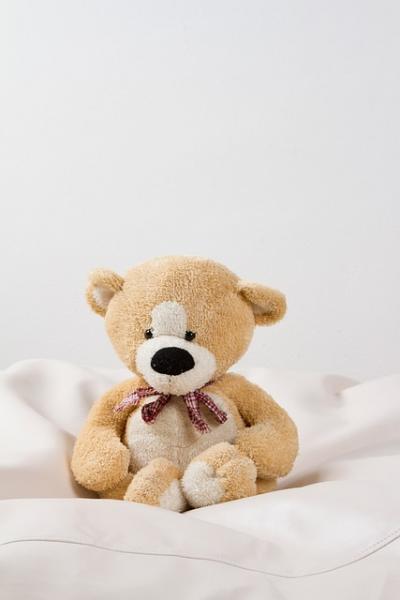 Light brown teddy bear wearing a bow around it's neck. Has a black nose and black eyes. It's tummy is ivory colored and there is an ivory colored spot between its eyes and extending down around its nose and mouth area. The bottom of its feet are also that